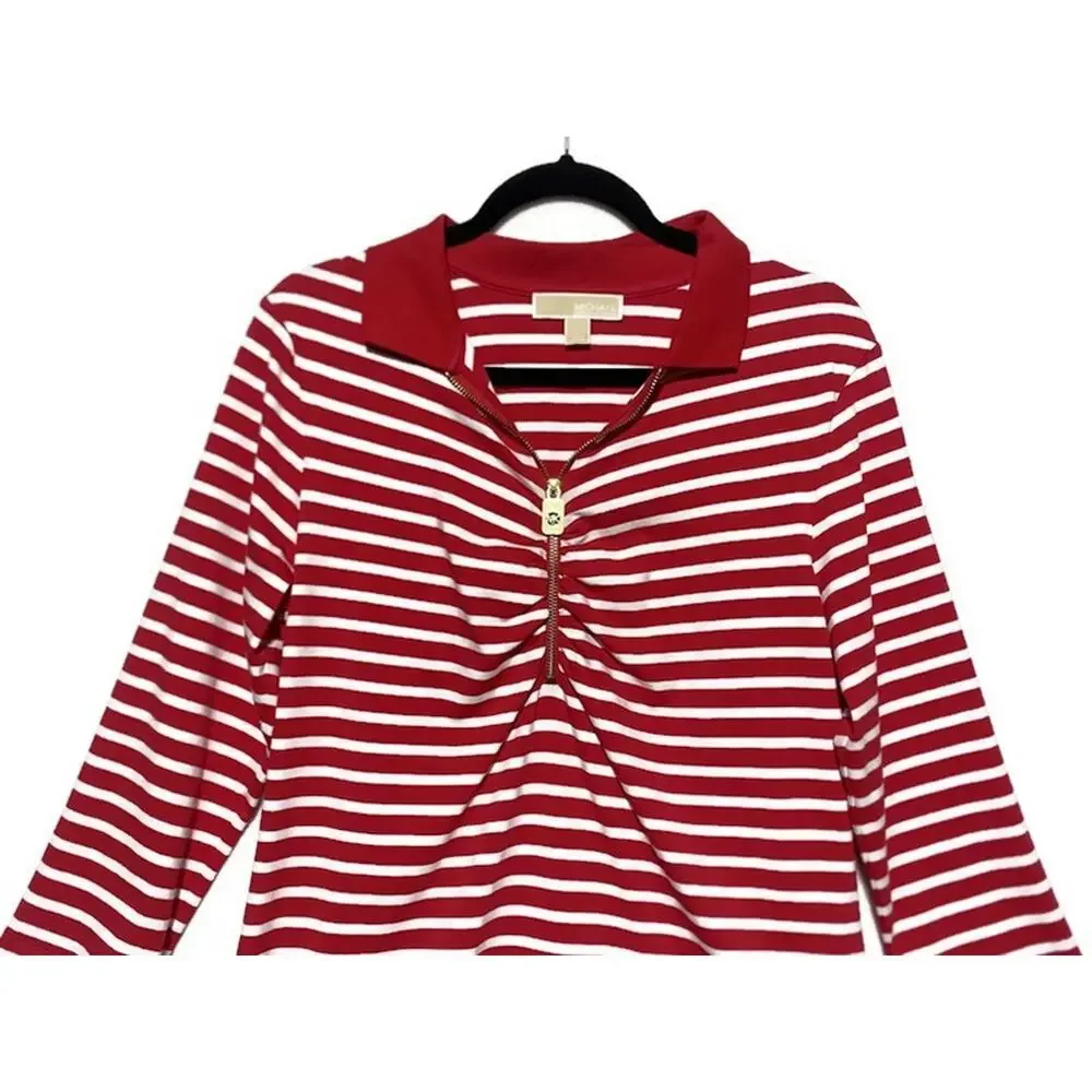 Michael Kors Red White Striped Top Women's Large 3/4 Sleeve Zip Front Blouse